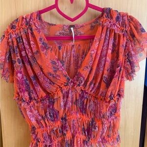 Free People Vibrant Orange and Pink Floral Blouse